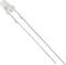 A transparent LED diode with two long connecting wires on a white background.