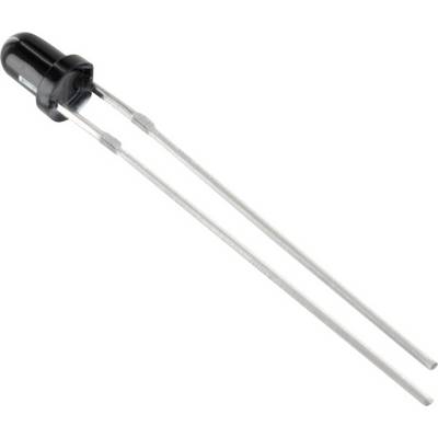 A black LED with two long, silver connecting wires, on a white background.