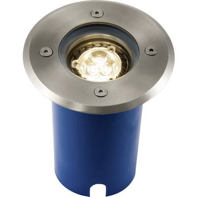A silver recessed light with a round shape and blue fitting, designed for floor installation.