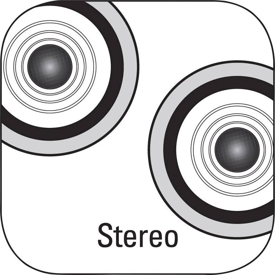 Two stylised speakers with concentric circles, with 'Stereo' written underneath.