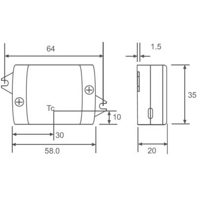 Technical drawing of a rectangular enclosure with dimensions: length 64 mm, height 35 mm, width 20 mm. Hole spacing 58 mm.