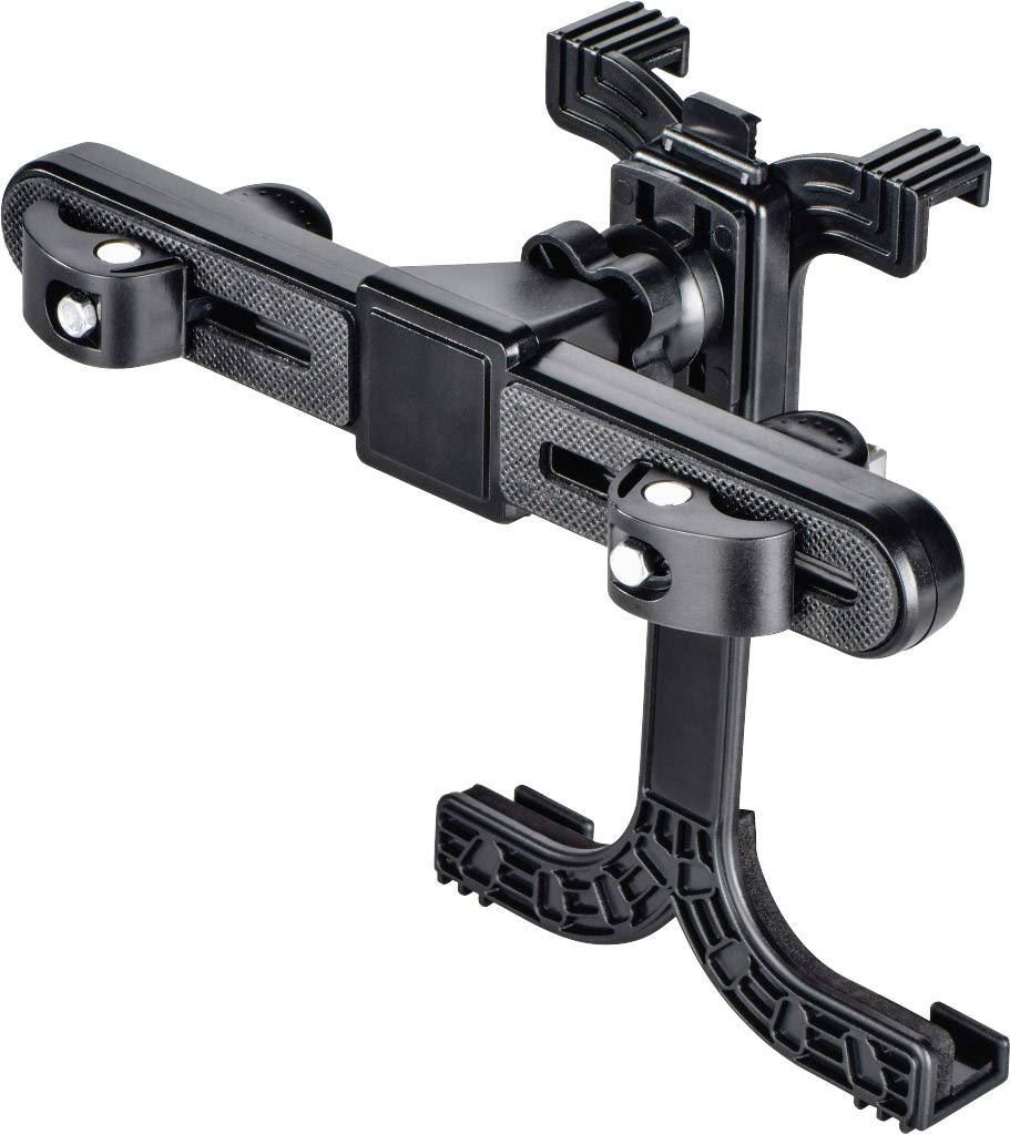 Black plastic bicycle wall mount with hooks and adjustable clamps for space-saving bicycle storage.