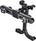 Black plastic bicycle wall mount with hooks and adjustable clamps for space-saving bicycle storage.