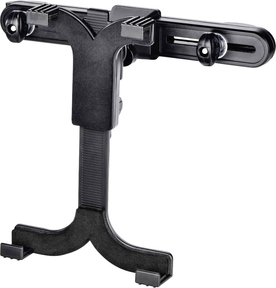 Tablet holder for attaching to a headrest in a car. Black plastic design, adjustable for various device sizes.