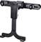 Tablet holder for attaching to a headrest in a car. Black plastic design, adjustable for various device sizes.