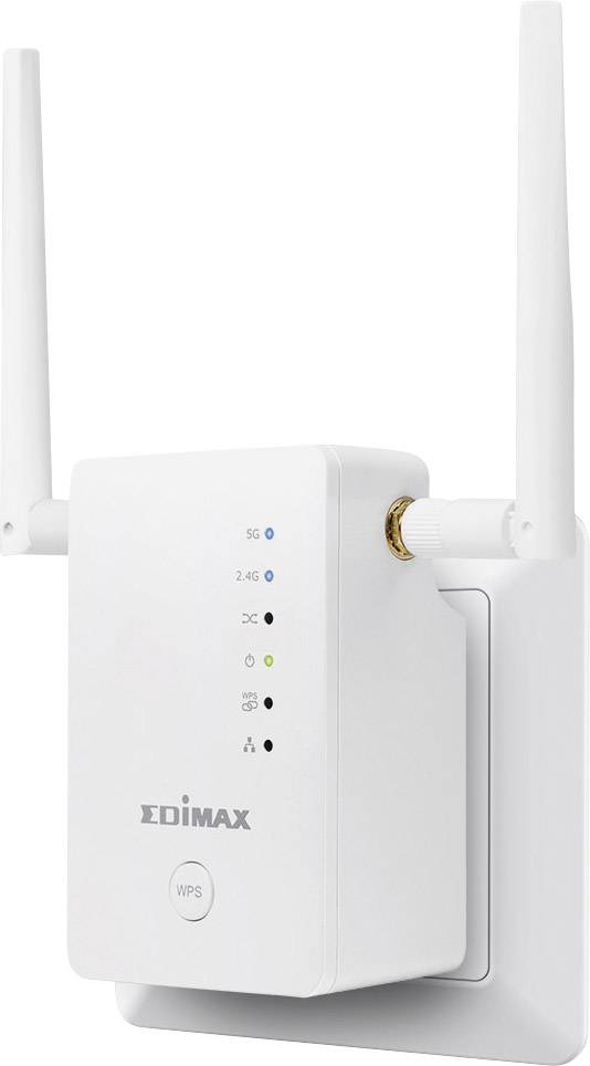 A white Wi-Fi repeater with two aerials, mounted in a plug socket. LEDs indicate connections: 5G, 2.4G, signal strength.