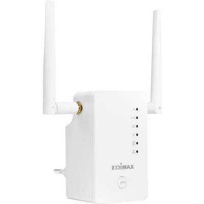 A white Wi-Fi repeater with two aerials and a "WPS" button, supporting 2.4GHz and 5GHz connections.