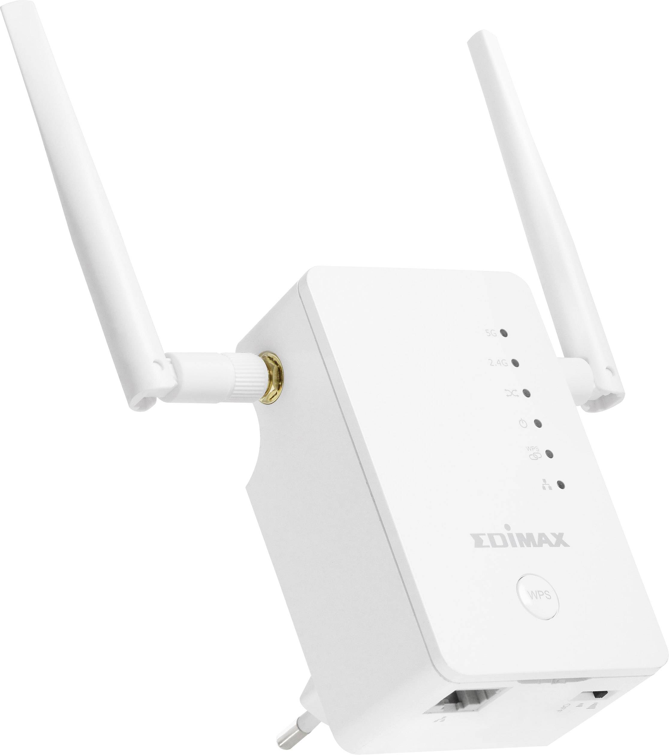 Wi-Fi repeater with two antennae, brand Edimax. Device used for boosting wireless internet signal in indoor spaces.