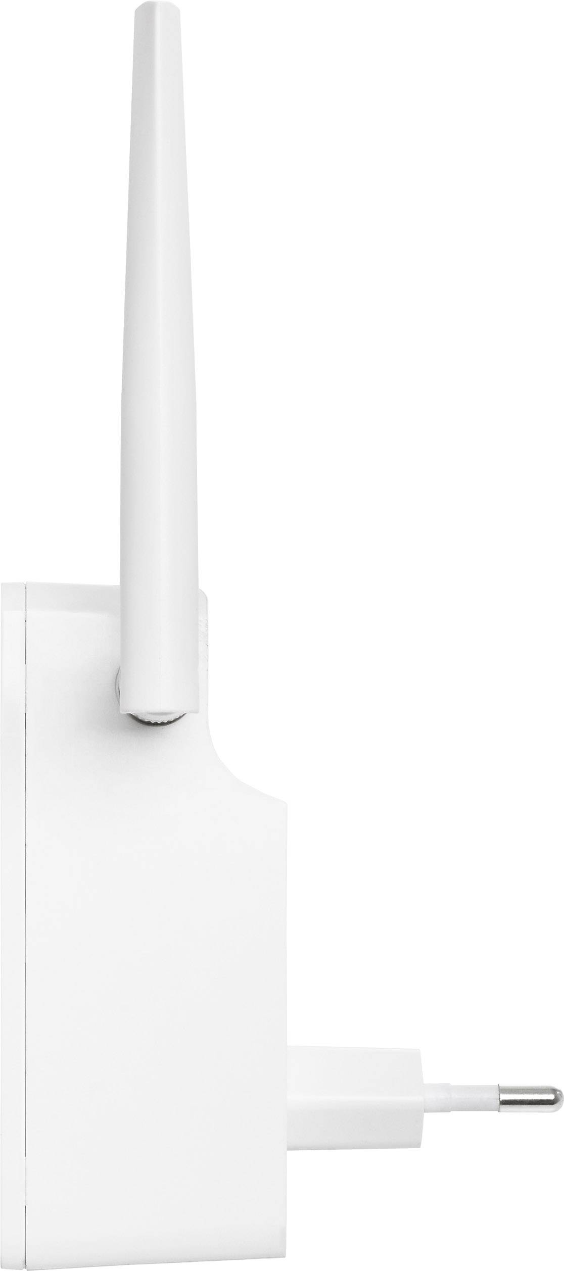 A white Wi-Fi repeater device with a vertically positioned antenna and a Type C European plug, shown from the side.