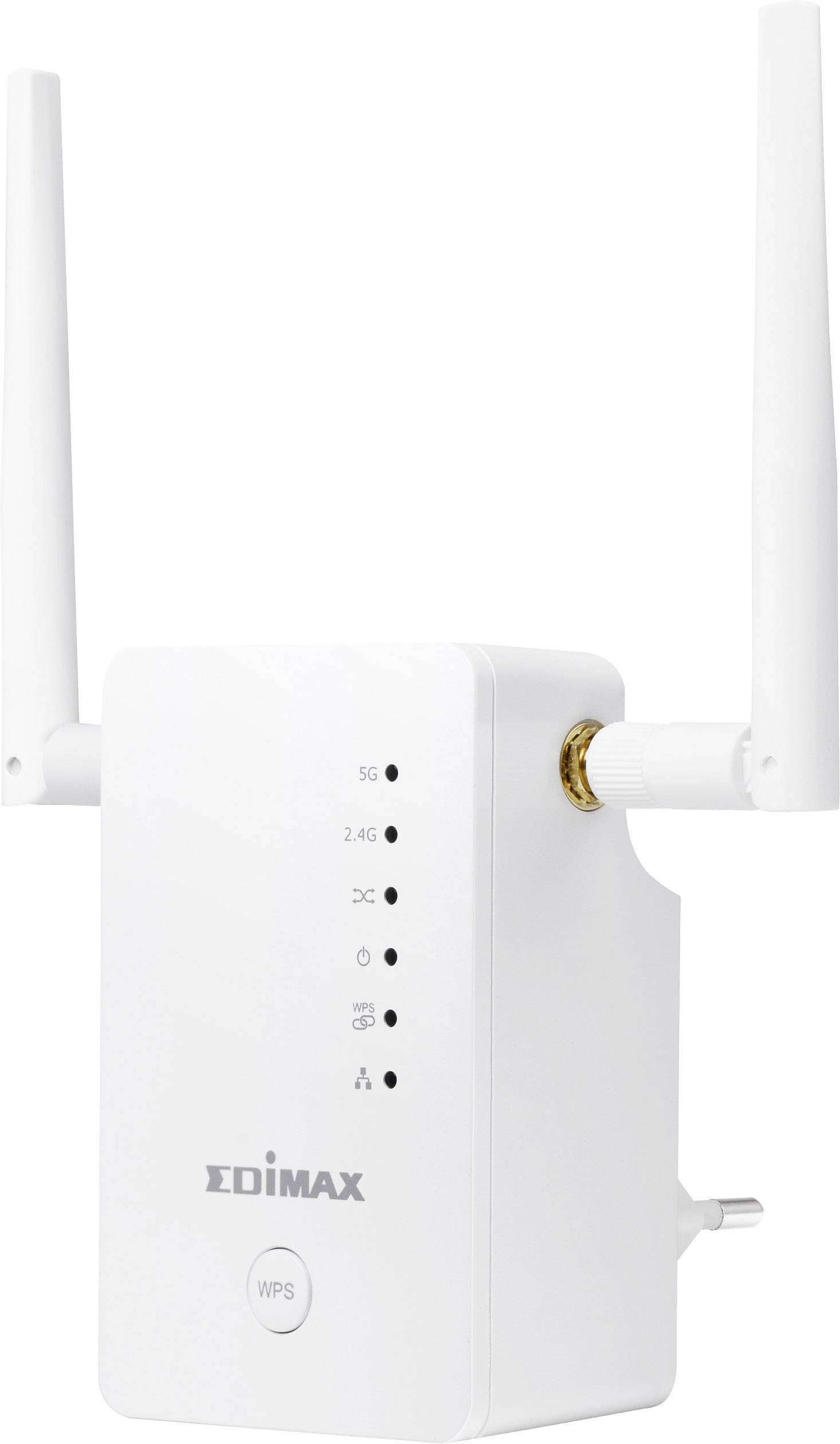 White Wi-Fi extender with two aerials. LEDs indicating signal strength and operation. Manufacturer's name on the front.