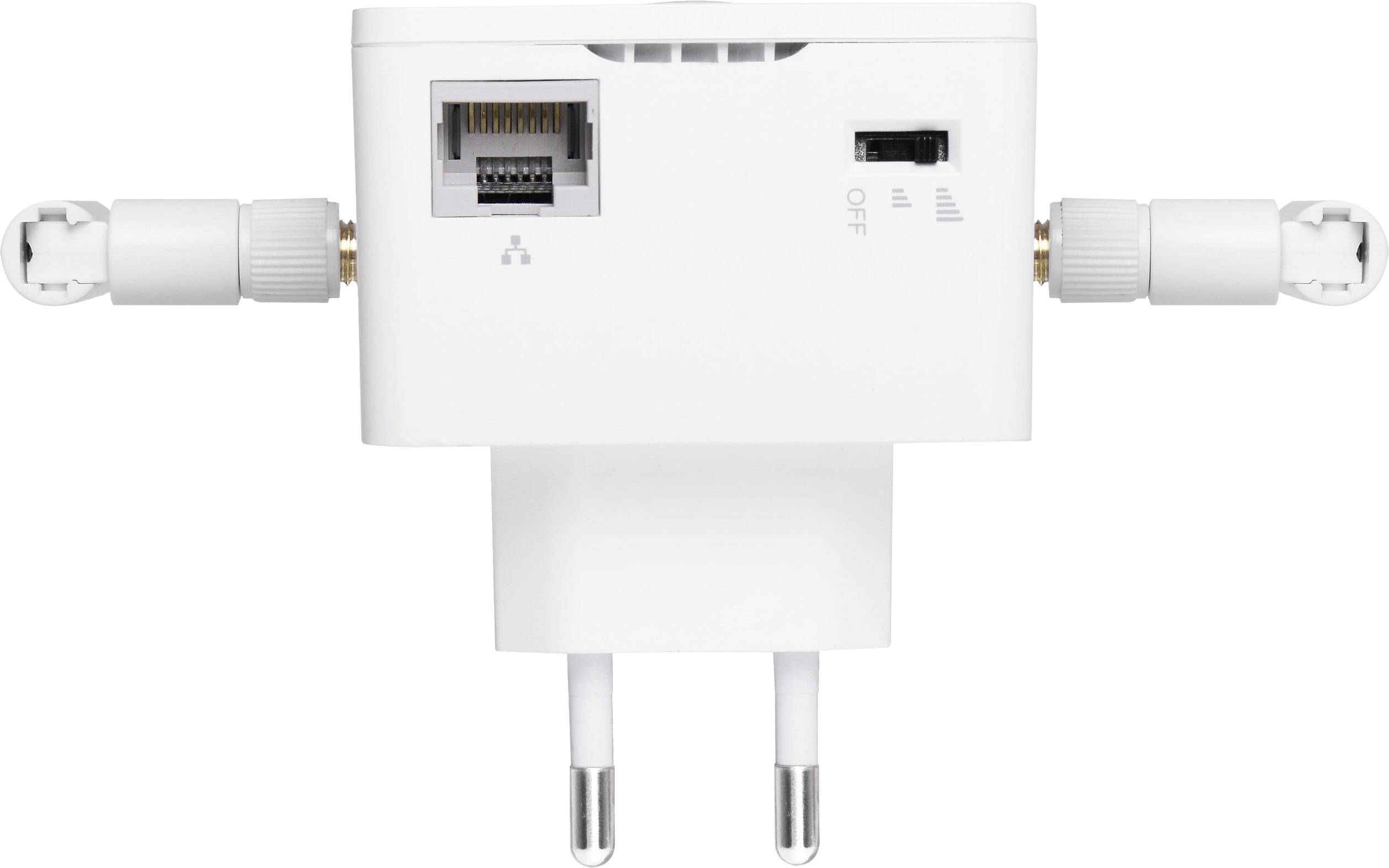 A Wi-Fi repeater with plug-in design shows an Ethernet port, reset button, and LED indicators for signal strength and operational status.