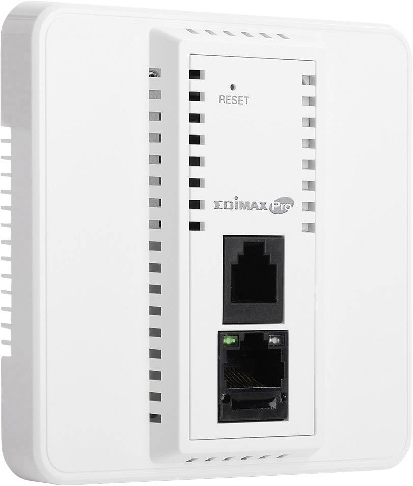 White WLAN access point with reset button and ports for Ethernet cables, wall-mountable.