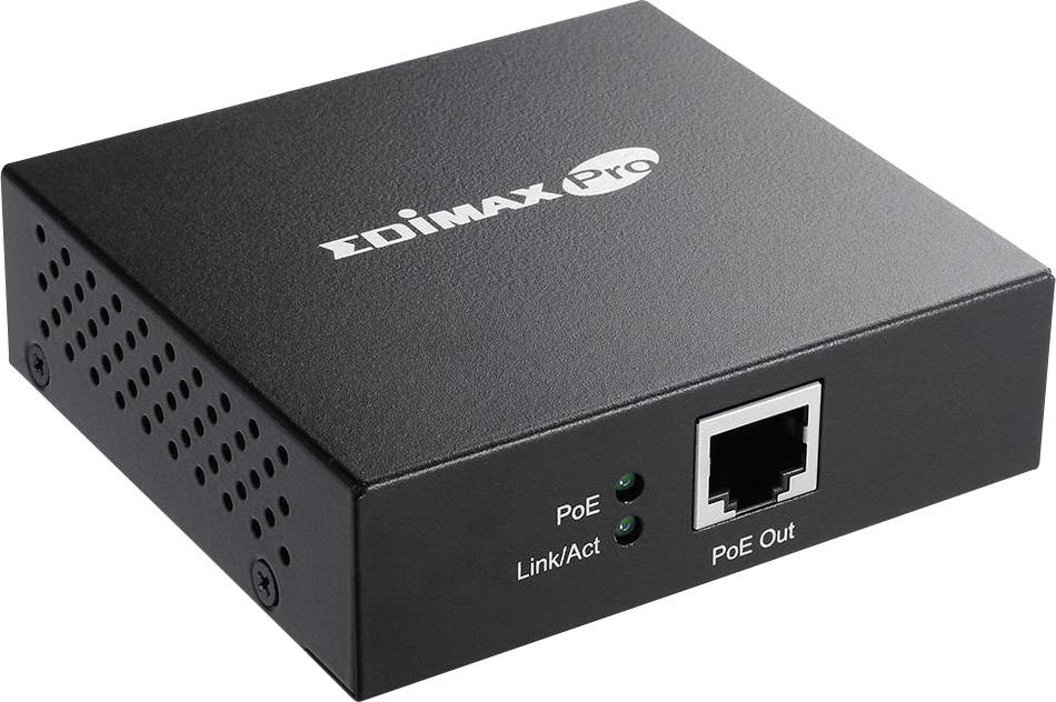 A black network PoE injector with an 'EDIMAX Pro' logo. An Ethernet port and two status LEDs are visible.