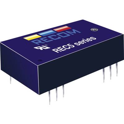 Electronic component, black with the inscription 'REC5 series', belongs to the RECOM brand. Multicoloured logo at the top, pins at the bottom.
