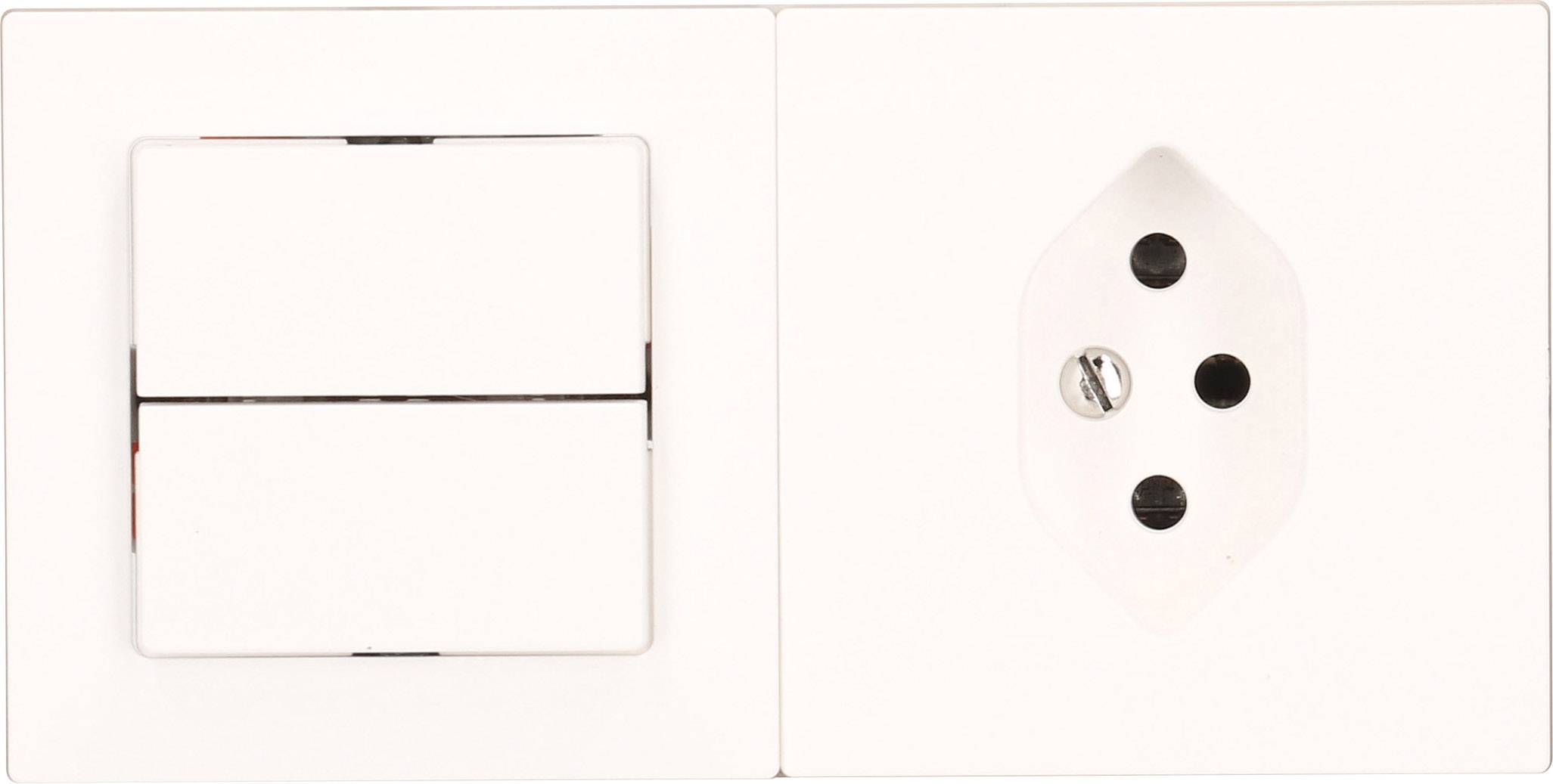 A double switch and a socket on a white wall plate. The switch has two rockers, the socket three holes.