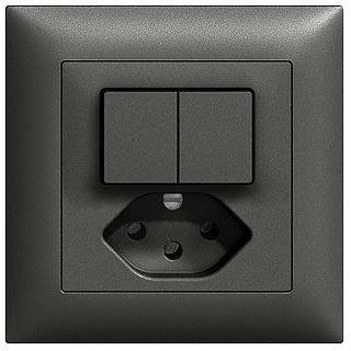 Black light switch with integrated socket, rectangular, for wall mounting.