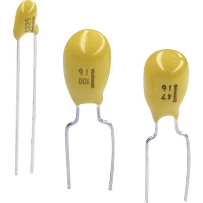 Three yellow tantalum capacitors side by side. Left with long leads, centre with medium-length leads, and right with short leads.