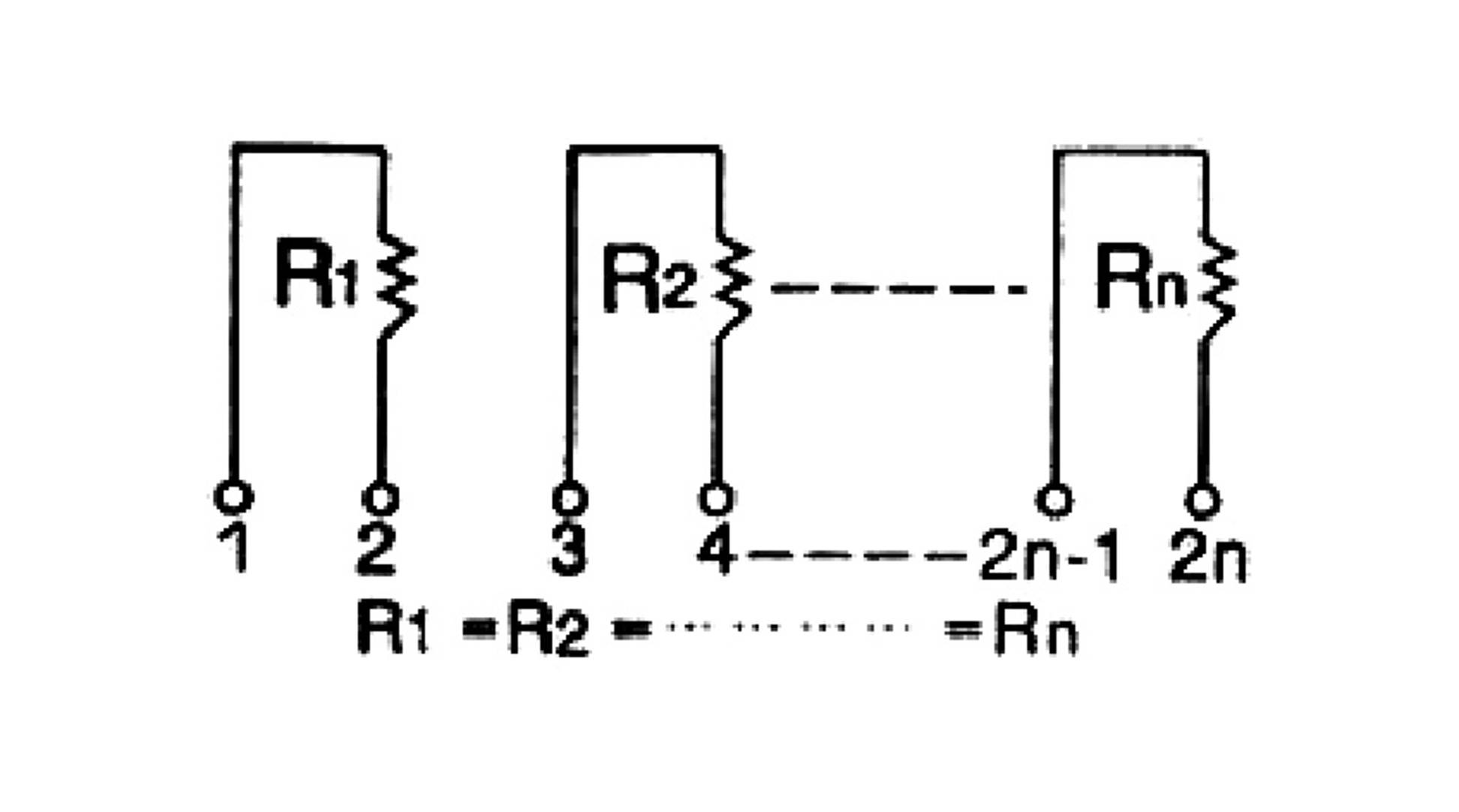 Circuit diagram with multiple resistors connected in parallel, labelled as R1, R2 up to Rn; shows series and parallel connections.