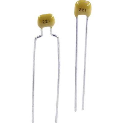 Two yellow ceramic capacitors with '221' printed on top, each with two long metal legs for electrical connection.