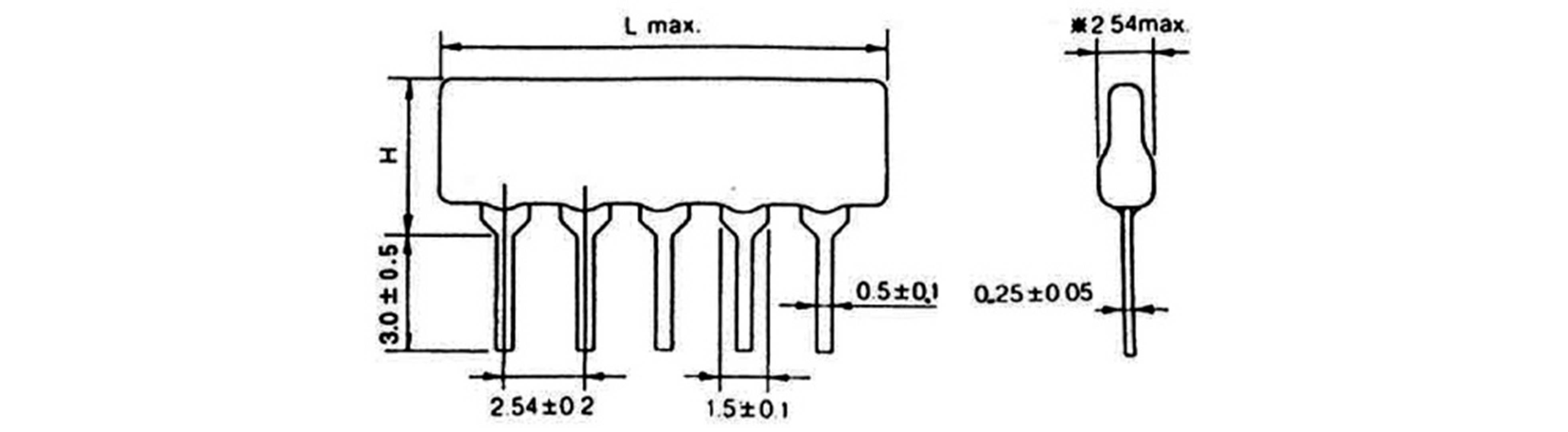 'Diagram of a 5-pin electronic component with dimensions: maximum length, height, pin spacing and diameter, specified in millimetres.'