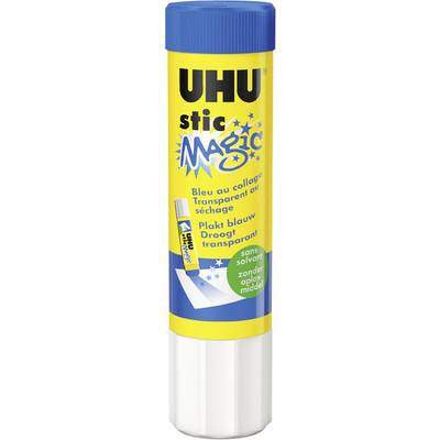 UHU Glue Stick, blue when applied, dries transparent. Suitable for paper. Packaging with yellow and blue design.