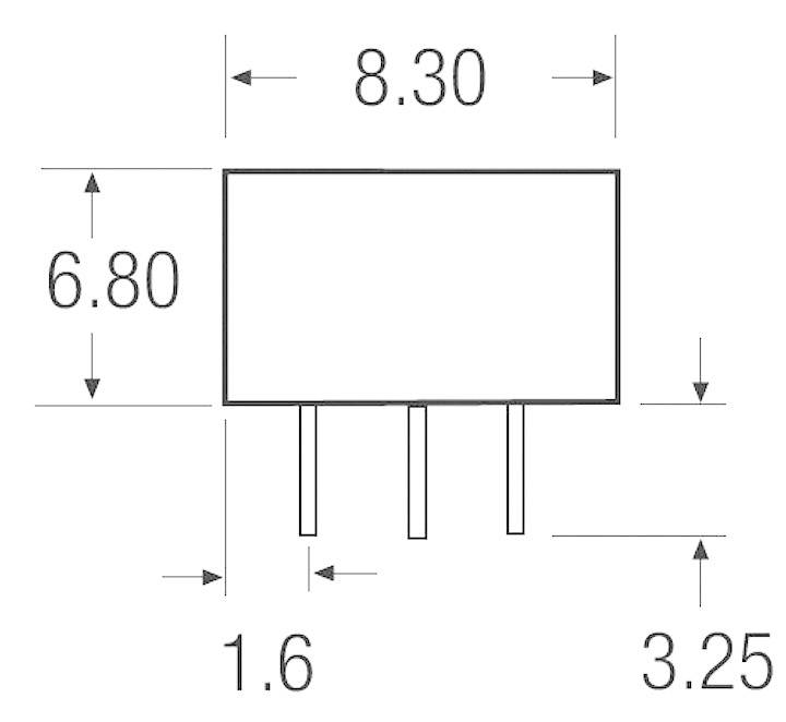 Dimensions of a rectangular electronic component: Length 8.30 mm, Width 6.80 mm. Three connection pins: 1.6 mm and 3.25 mm apart from each other.