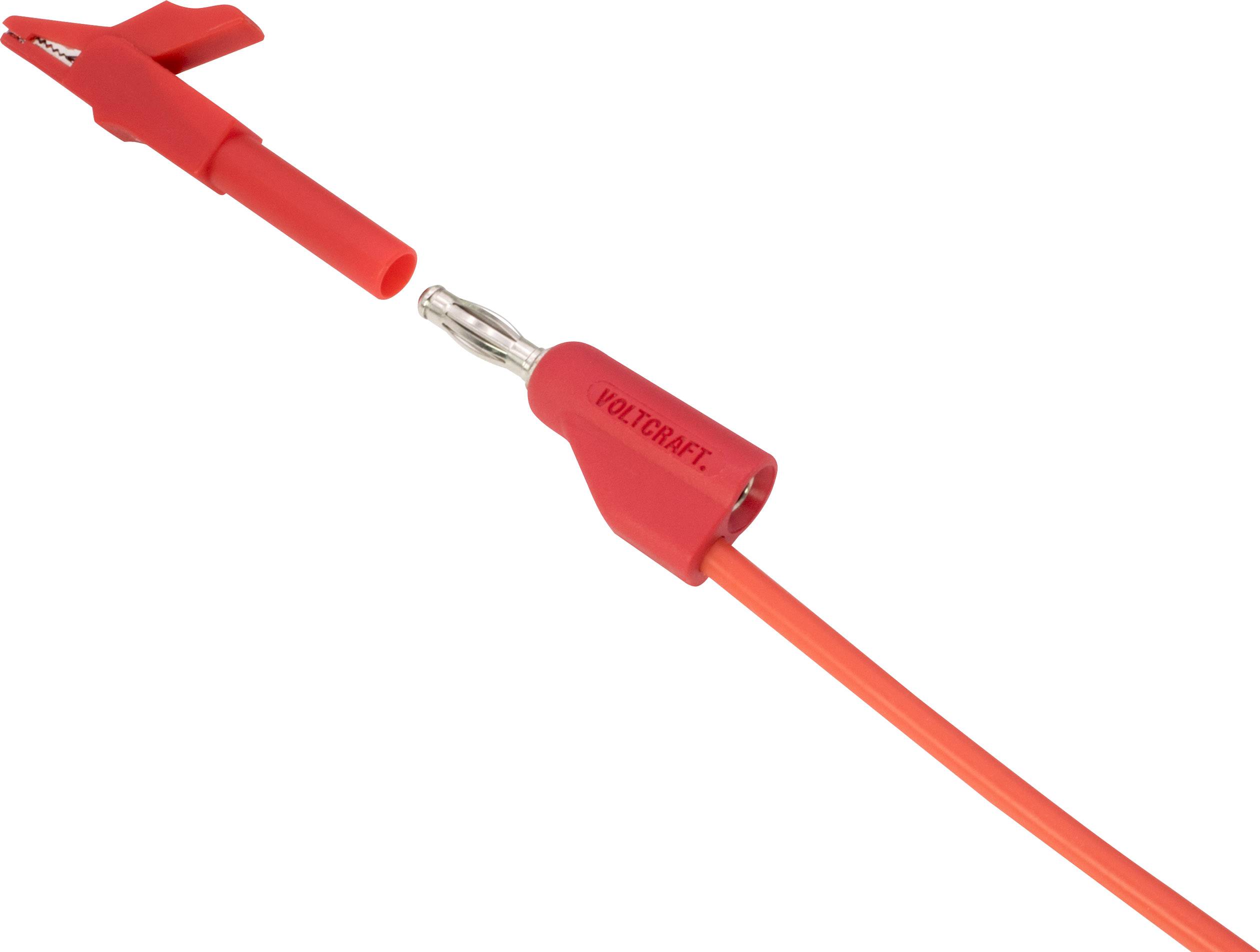 Red measuring cable from Voltcraft with banana plug and crocodile clip, suitable for electrical measurement applications.