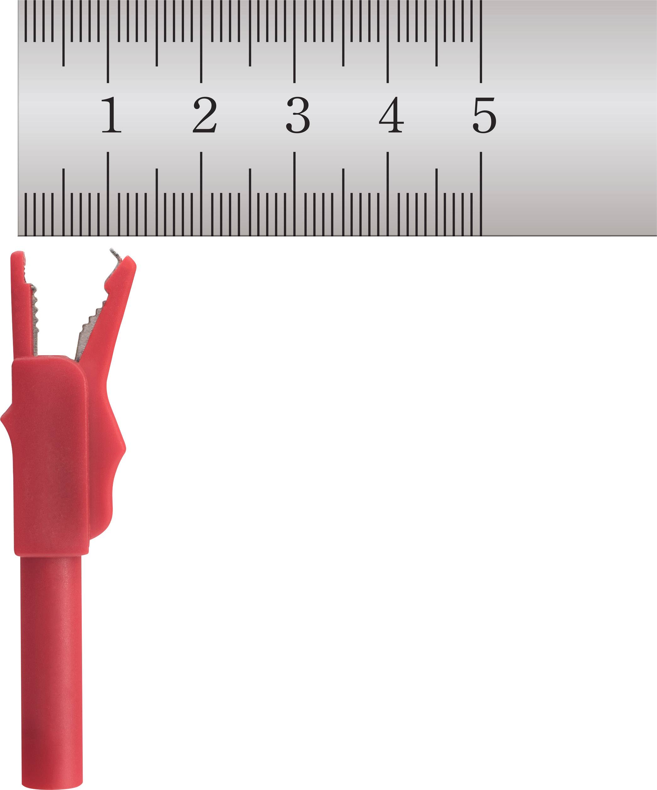 A red crocodile clip connector in front of a ruler shows a size of approximately 3.7 cm.