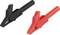 Two test probes, one black, one red, with clips for secure contact in electrical measurements.