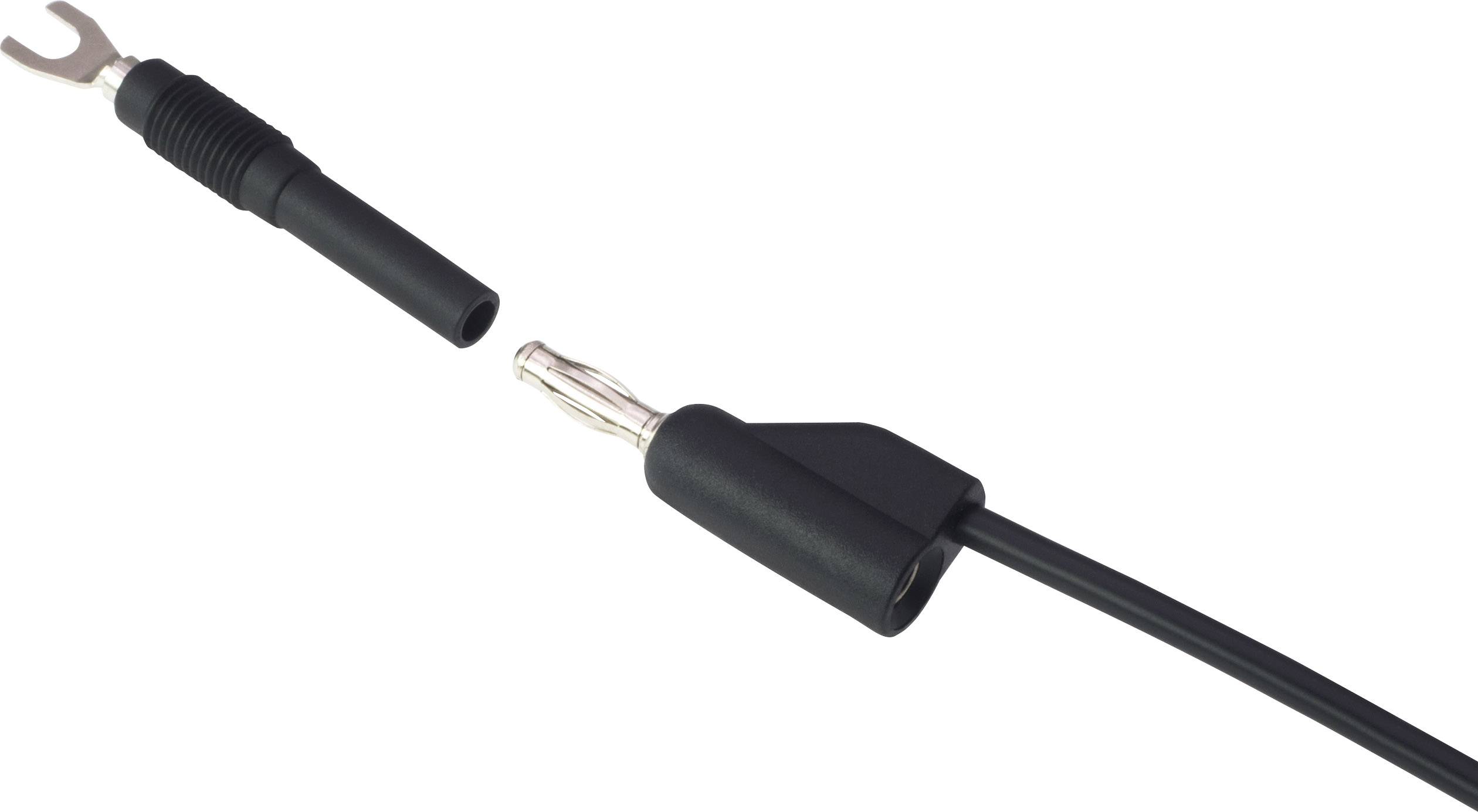 Close-up of a connector for measuring equipment. A black cable plug is being inserted into a matching counterpart.