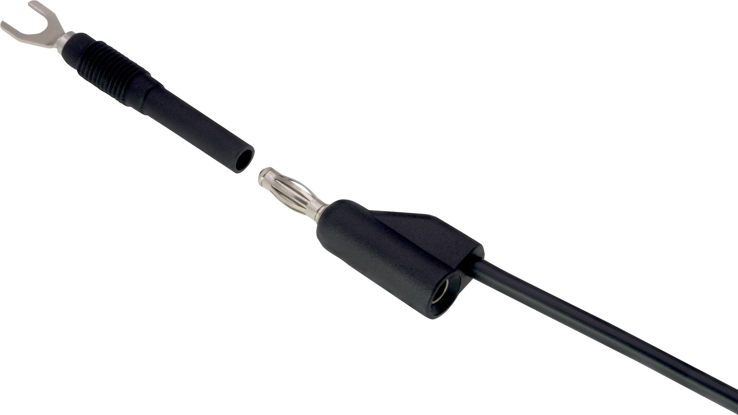 The image shows a banana plug and a cable shoe connection pulled apart, revealing the inner metal contact.