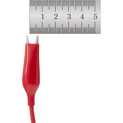 Red crocodile clip and metal ruler, showing a measurement of approximately 4.5 cm.