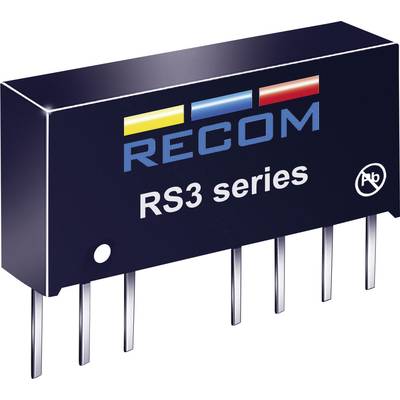 Black electronic component by Recom, RS3 series, with multiple metal terminals at the bottom.
