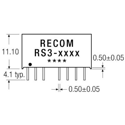The image shows an electrical component type labelled 'RECOM RS3-xxxx', dimensions: 11.10 mm x 4.1 mm, pin spacing 0.50 ± 0.05 mm.