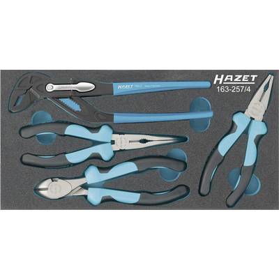 'Set of four blue Hazet pliers and a pipe wrench in a foam insert. Model number 163-257/4 is specified.'