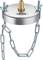 Round metal cover with pressure relief valve and chains, used for sealing or protection.