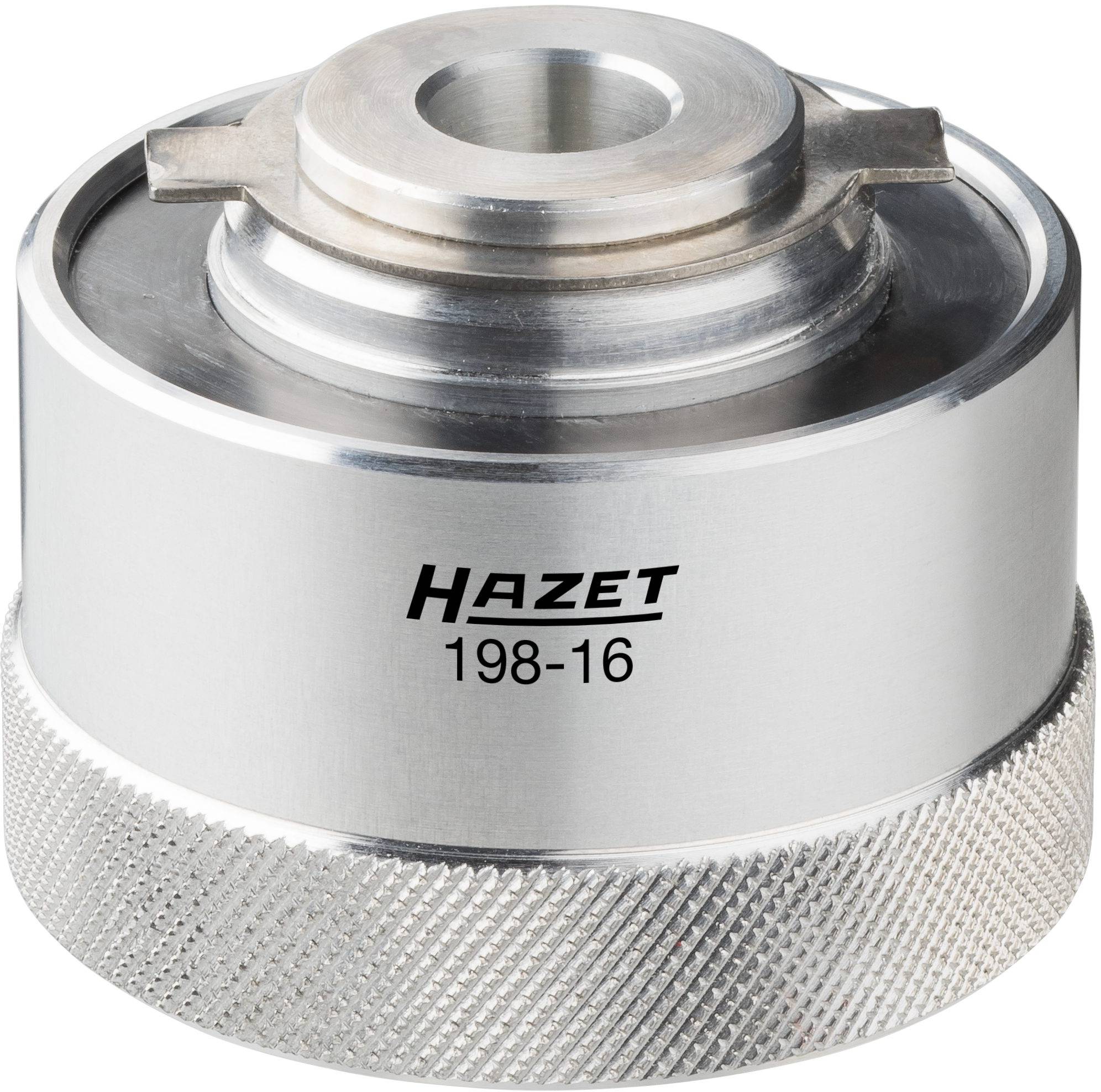 A cylindrical metal tool by Hazet, model number 198-16, with a ribbed underside for improved grip.