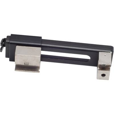 A black, rectangular metal holder with two silver clips. It has an elongated, central recess.