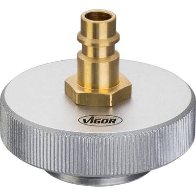 Round, silver-coloured adapter with a yellow metal connector. 'Vigor' printed on the top surface.