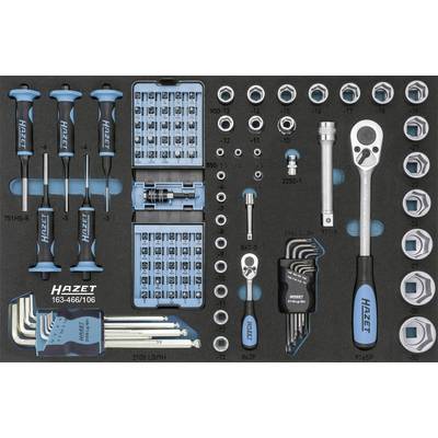 Set of Hazet tools in foam insert. Contains screwdrivers, bit sets, socket wrenches and hex keys.