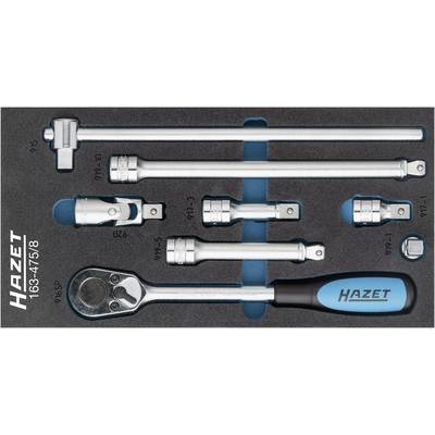 Hazet ratchet set with various extensions and adapters, arranged in a foam insert, model number 163-475/8.
