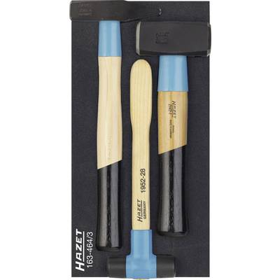 Three Hazet hammers in a set: Engineers' hammer, soft-faced hammer, and cross-pein hammer. Handles partly wooden, partly rubber-coated.