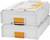 Two stackable, white plastic storage boxes with orange closures, suitable for storing and organising tools.