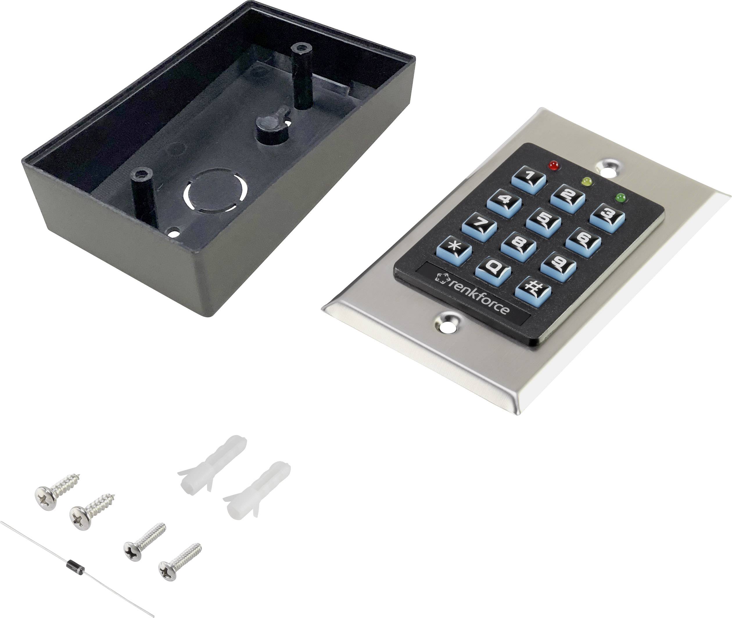 Numeric keypad with twelve keys, LED display and wall mount; Accessories: Mounting screws and wall plugs; Brand: Tenkforce. Access control device.