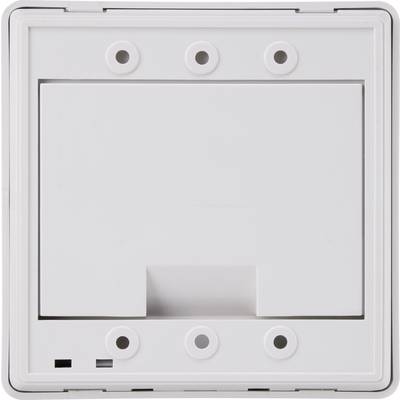 A square, white plastic casing with several round holes and rectangular cut-outs, possibly for a socket or switch.