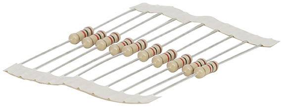 A strip with multiple axial resistors, beige with coloured rings, symmetrically arranged. Key component in electronic circuits.