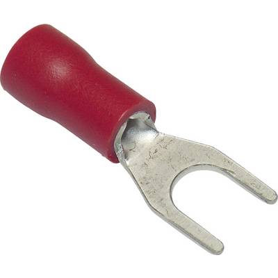 Red forked cable lug, used for connecting cables, typically employed in electrical circuits.