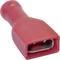 Red electrical flat connector with insulated sleeve, suitable for cable connections in electronics or household electrical applications.