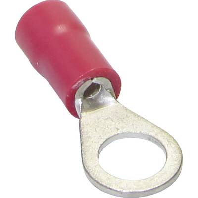 Red metal cable shoe terminal with circular connection, used for fixing and connecting cables in electrical applications.