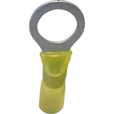 Yellow insulated cable lug with round hole, suitable for electrical connections.